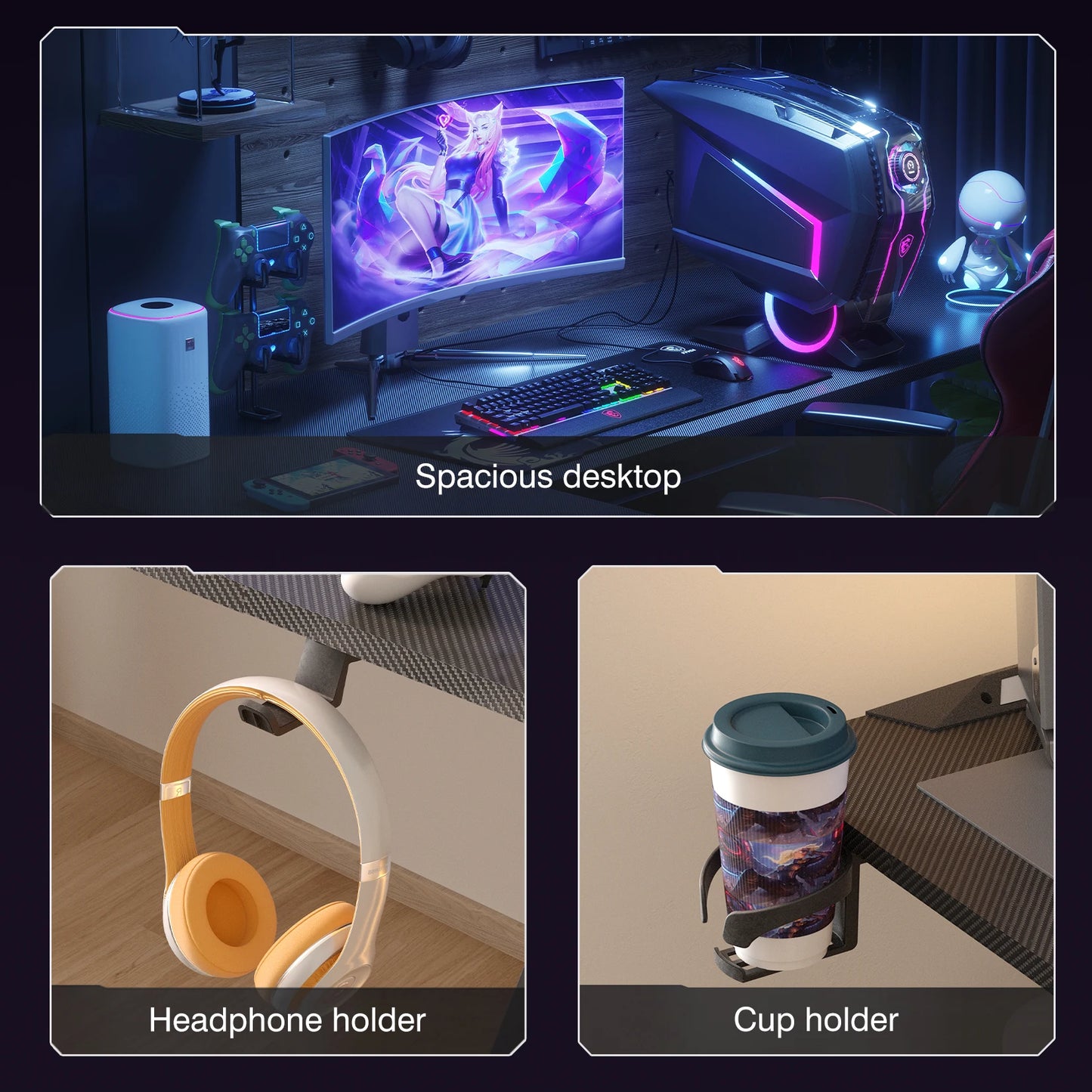 Gaming Bureau - Gaming Desk - Gaming Tafel - Computertafel - Computer bureau - XXXL Hoek Bureau – L-Vormig Computerbureau met RGB Verlichting, Bekerhouder & Koptelefoonhaak