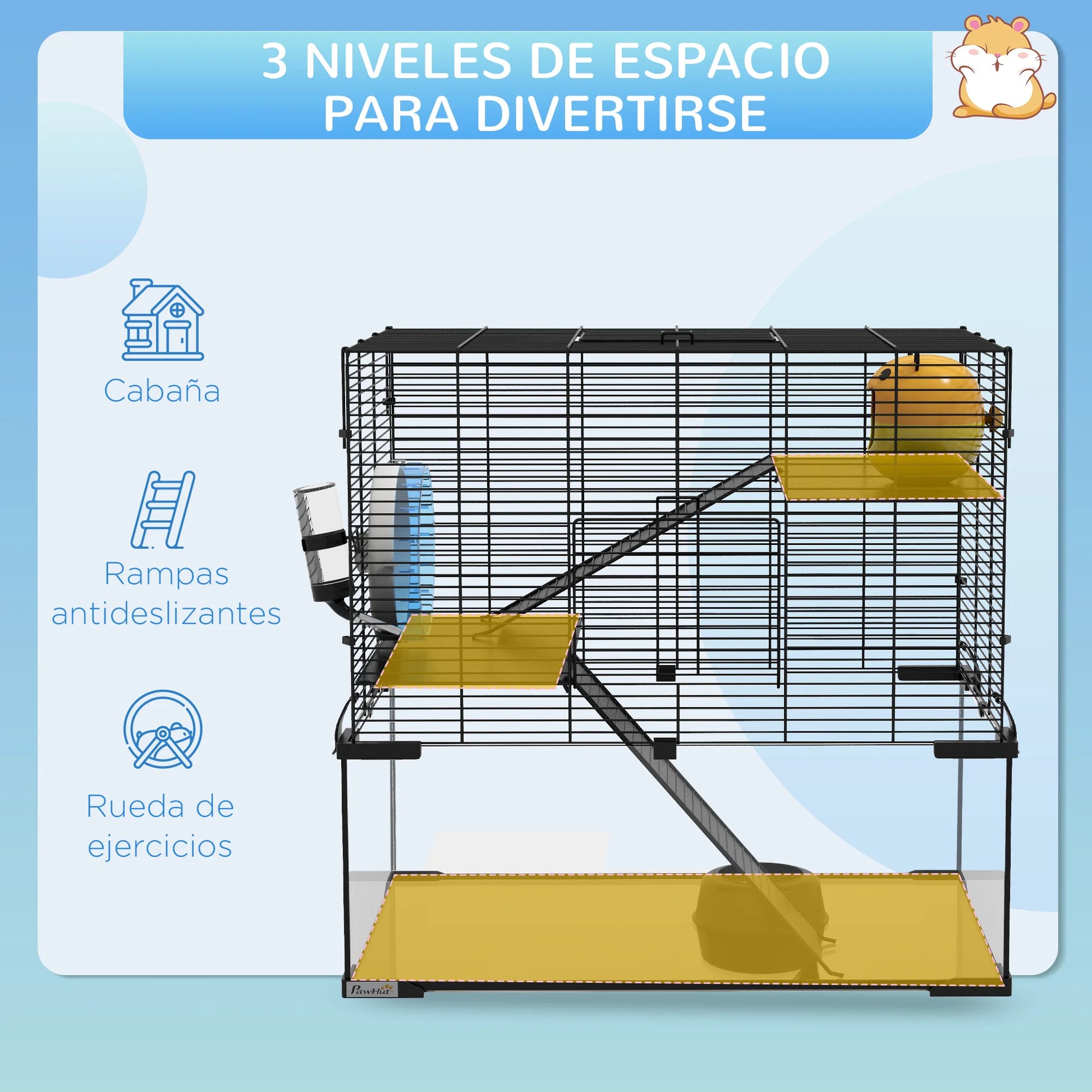 Hamsterkooi – Knaagdierenkooi – Hamsterhok – Dwerghamster Kooi – Hamsterhuis – 3-laags Ontwerp – Glazen Bodem - 60 x 40 x 54,5 cm - Zwart - QUORE