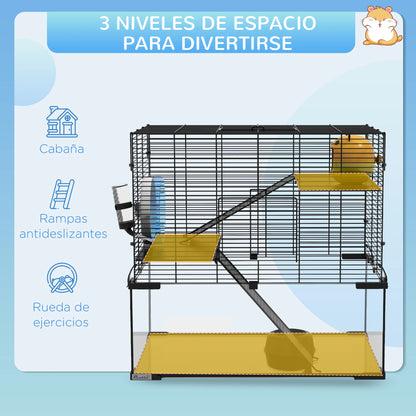 Hamsterkooi – Knaagdierenkooi – Hamsterhok – Dwerghamster Kooi – Hamsterhuis – 3-laags Ontwerp – Glazen Bodem - 60 x 40 x 54,5 cm - Zwart - QUORE