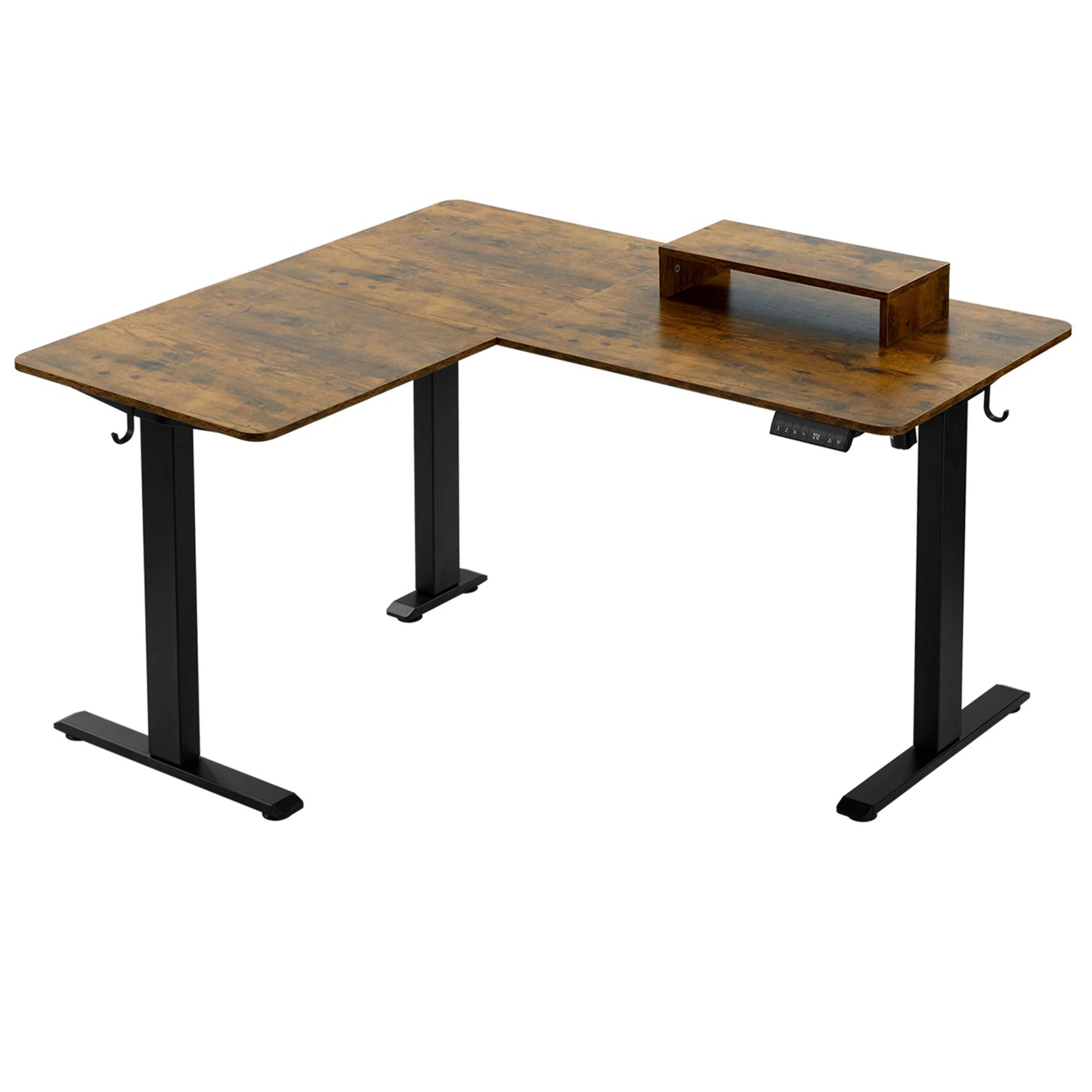 L-vormige Zit-Sta Bureau - Bureau - Computerbureau - Werktafel - Kantoor Tafel - Verstelbaar Hoogte 72-120 cm - Elektrisch - 4 Geheugenstanden - Hoekbureau - Monitorstandaard - en Hoofdtelefoonhaken - Vintage Bruin