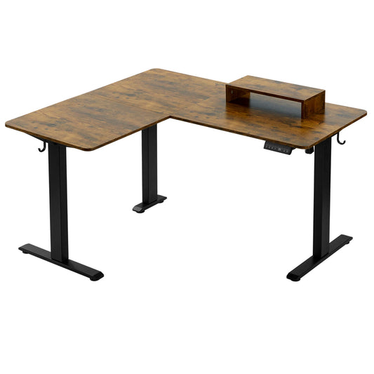 L-vormige Zit-Sta Bureau - Bureau - Computerbureau - Werktafel - Kantoor Tafel - Verstelbaar Hoogte 72-120 cm - Elektrisch - 4 Geheugenstanden - Hoekbureau - Monitorstandaard - en Hoofdtelefoonhaken - Vintage Bruin