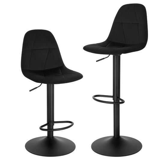 Bar Stools - Set of 2 Ergonomic Bar Chairs - Velvet Seat with Backrest - Adjustable Height (60-81 cm) - 360° Swivel - Stable Base - Black