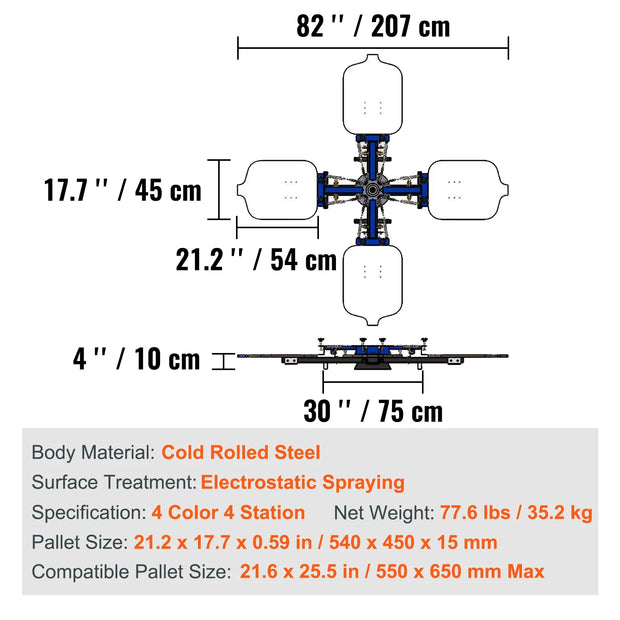 Screen printing - Screen printing machine - 360° rotatable - 54x45cm - Screen printing press - Adjustable tension - 4 colours 4 stations
