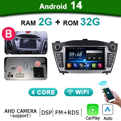 Autoradio Hyundai IX35 – 2-Din Multimedia Systeem – Auto Stereo Navigatie – Android 14 Touchscreen – 7 Inch HD Scherm – 4G LTE & Draadloze CarPlay
