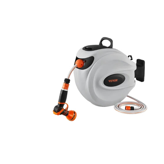 Vevor - Air Hose - Retractable Hose Reel - 1/2 Inch 180° Swivel Bracket Wall Mounted Garden Water Hose Reel with 9 Pattern Nozzle and 3 Fast - 20m - White