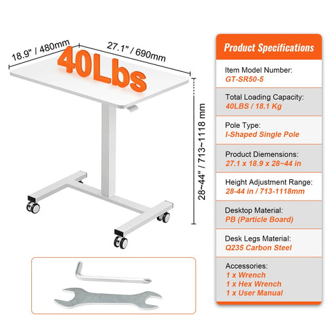Office Desk - Adult Desk - Computer Desk - Computer Desk - Computer Table - Laptop Table - Gaming Desk - Gas Spring - Height Adjustable - Sit-Stand Desk - with Wheels - Portable - Rolling Laptop Table - 27.1x18.9 in - White