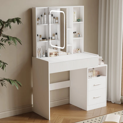 Kaptafel – Make-up Tafel – Dressoir – Make-up Meubel – Schminktafel – Wit – Met LED-Spiegel – 3 Laden & 8 Open Vakken – 96,5x40x141 cm