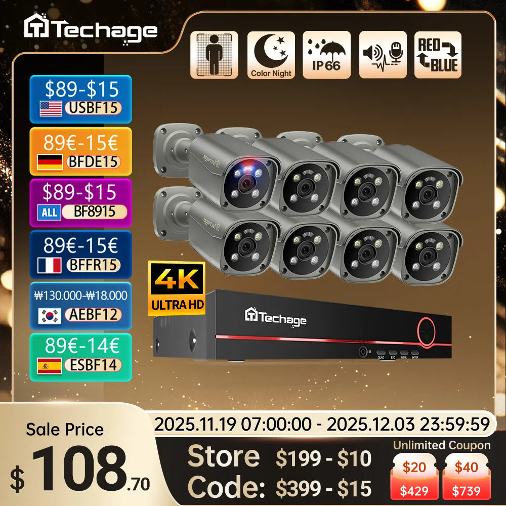 Techage H.265 8CH 5MP 4K POE Camera System Smart AI Full Color Night VIsion Face Detection CCTV Video Security Surveillance Kit - QUORE