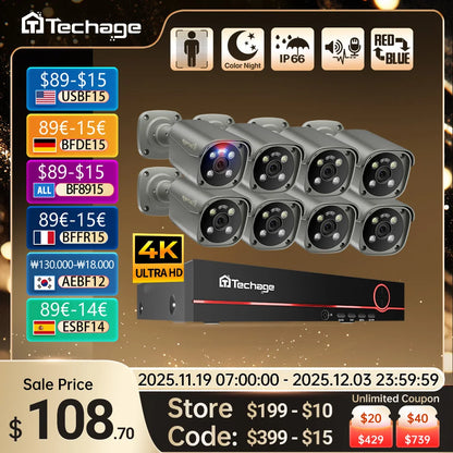 Techage H.265 8CH 5MP 4K POE Camera System Smart AI Full Color Night VIsion Face Detection CCTV Video Security Surveillance Kit - QUORE