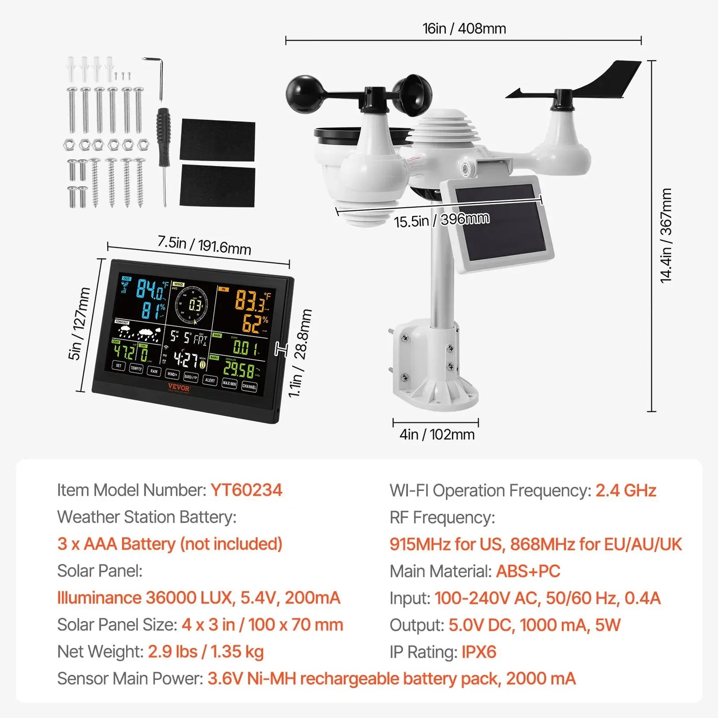 Weerstation - Draadloze - Weerstation Binnen en Buiten - 7-in-1 - met Wi-Fi - Zonne-oplaadbare Sensor en Groot 7,5" Kleurenscherm - voor Forecast Data, Alarm & Meldingen