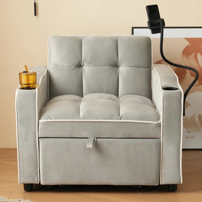 3-in-1 Extracteerbare Bank – Fauteuil – Lounger – Slaapbank – Zitmeubel – Velours Bekleding – Compact 83x167 cm – Met Bekerhouders & Opbergtasje – Grijs-Wit