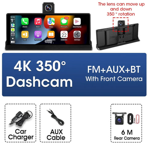 Dashcam voor Auto - 10.26” 4K Dashcam – CarPlay & Android Auto – 350° Rotatie – 6M AHD Achtercamera – Nachtzicht & Rijassistentie - Zwart