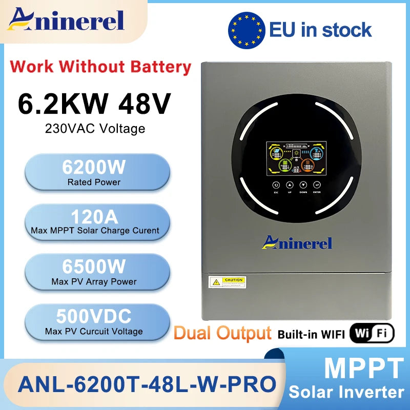 Hybride Zonnestroomomvormer – Solar Omvormer – Zonnepanelen Converter – Energie Omvormer – Dual Output Omvormer – 6,2 kW Vermogen – Kleurendisplay met RGB Verlichting - QUORE