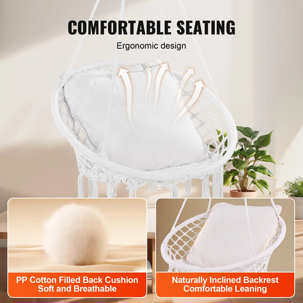 Hangmat - Hangmat voor Twee Personen - Hanging Chair - Hamac - Hammock Chair -  Schommelstoel - 330 lbs capaciteit - Macramé Hangstoel Katoenen Touw - voor Slaapkamer Balkon Patio Tuin - Wit