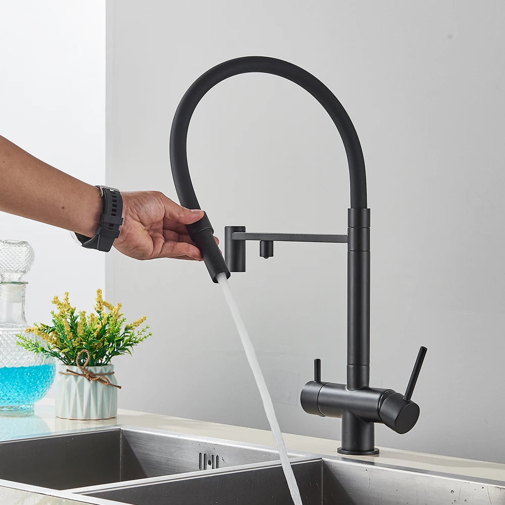 Keukenmengkraan - met Uittrekbare Uitloop – Keukenkraan - Dual Handle en Gefilterd Water - Koud en Warmwaterkraan - Uittrekbare Sproeikop - Zilvergrijs