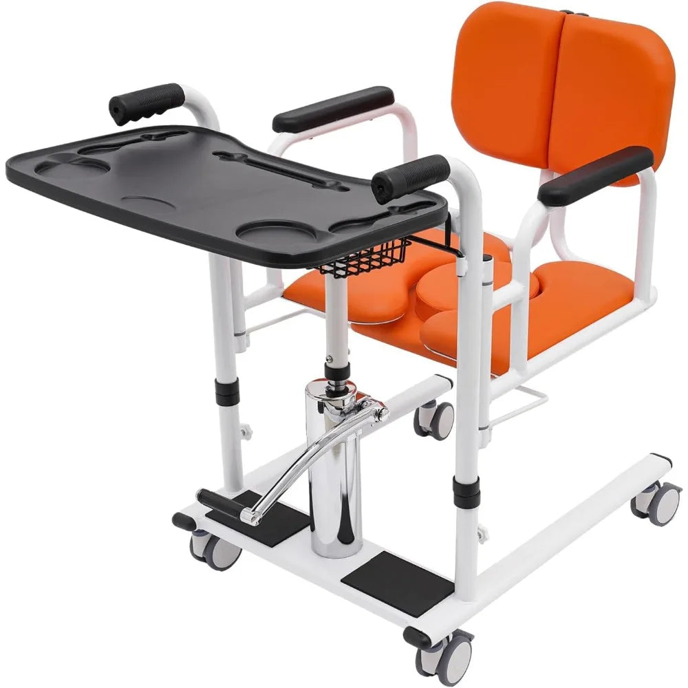 Transportrolstoel - Rolstoel - Rollator - Patiëntenlift & Verzorgingsstoel - Hydraulische - Douchestoel - 4-in-1 Douche – Verstelbare Hoogte & Transferhulp met Pot – Oranje/Wit/Zwart