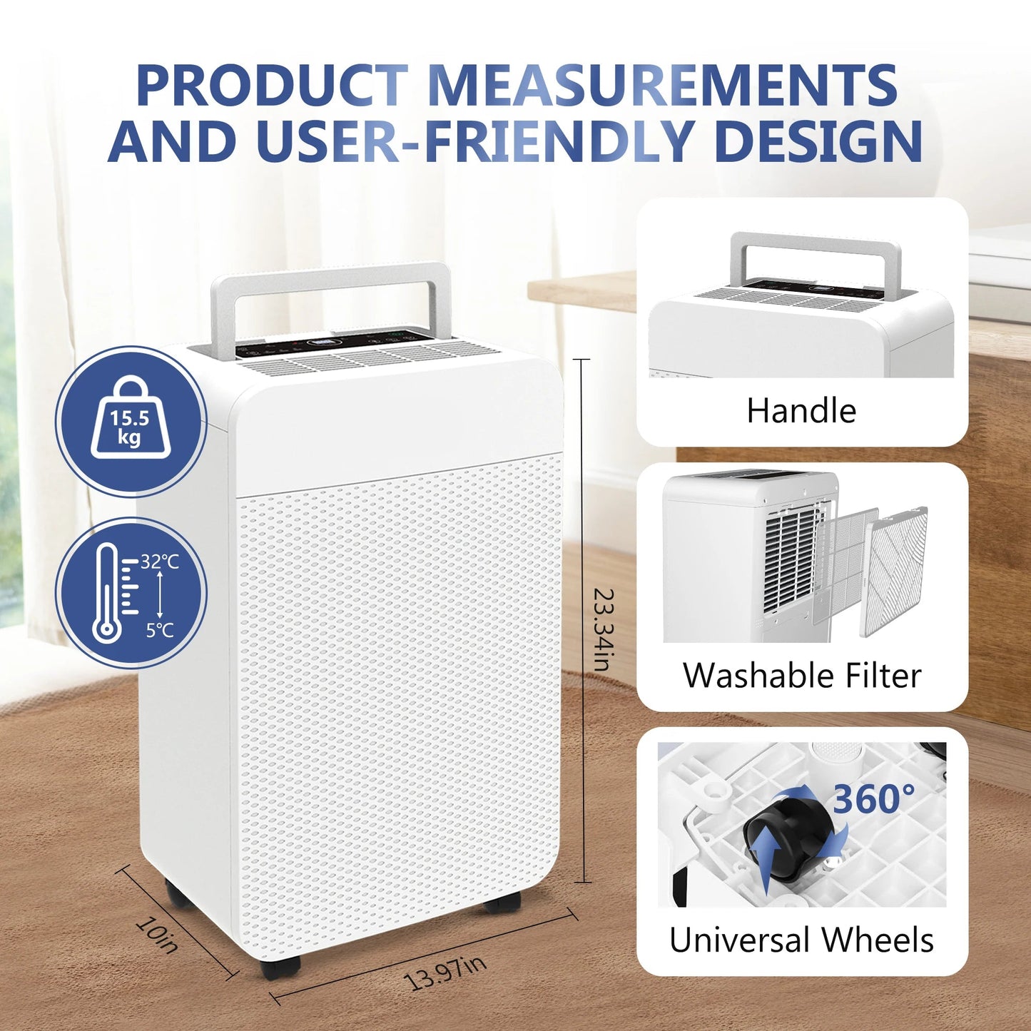 Luchtontvochtiger – Vochtbestrijder – Ontvochtiger – Air Dehumidifier – 25 Liter Per Dag – 5,5 Liter Tank – Stil Minder Dan 45 dB - QUORE
