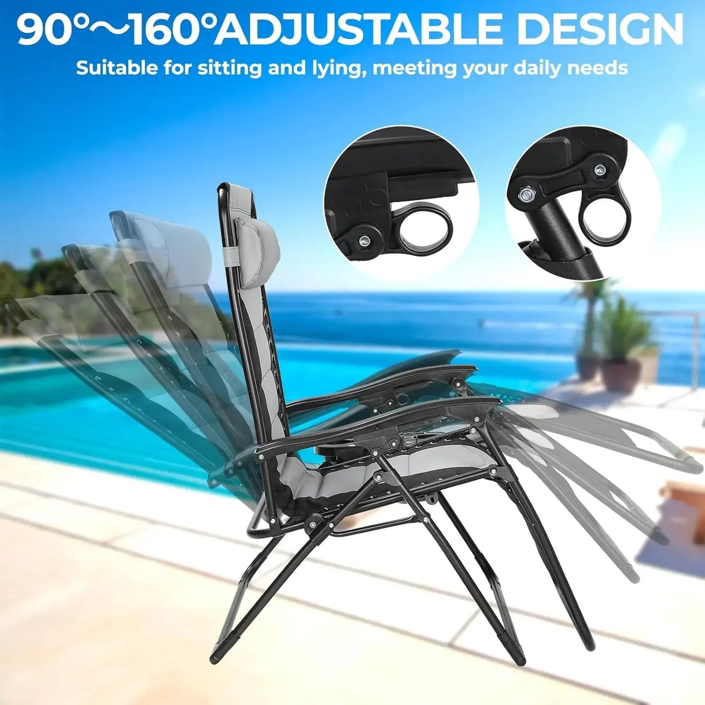 Ligstoel - Tuinstoelen - Strandstoel - Opvouwbare Tuinstoelen met Tafel - Verstelbare Rugleuning 90°-160° - Brede Zitting en Hoofdkussen - Voor Tuin - Strand en Balkon - Zwart Grijs - QUORE
