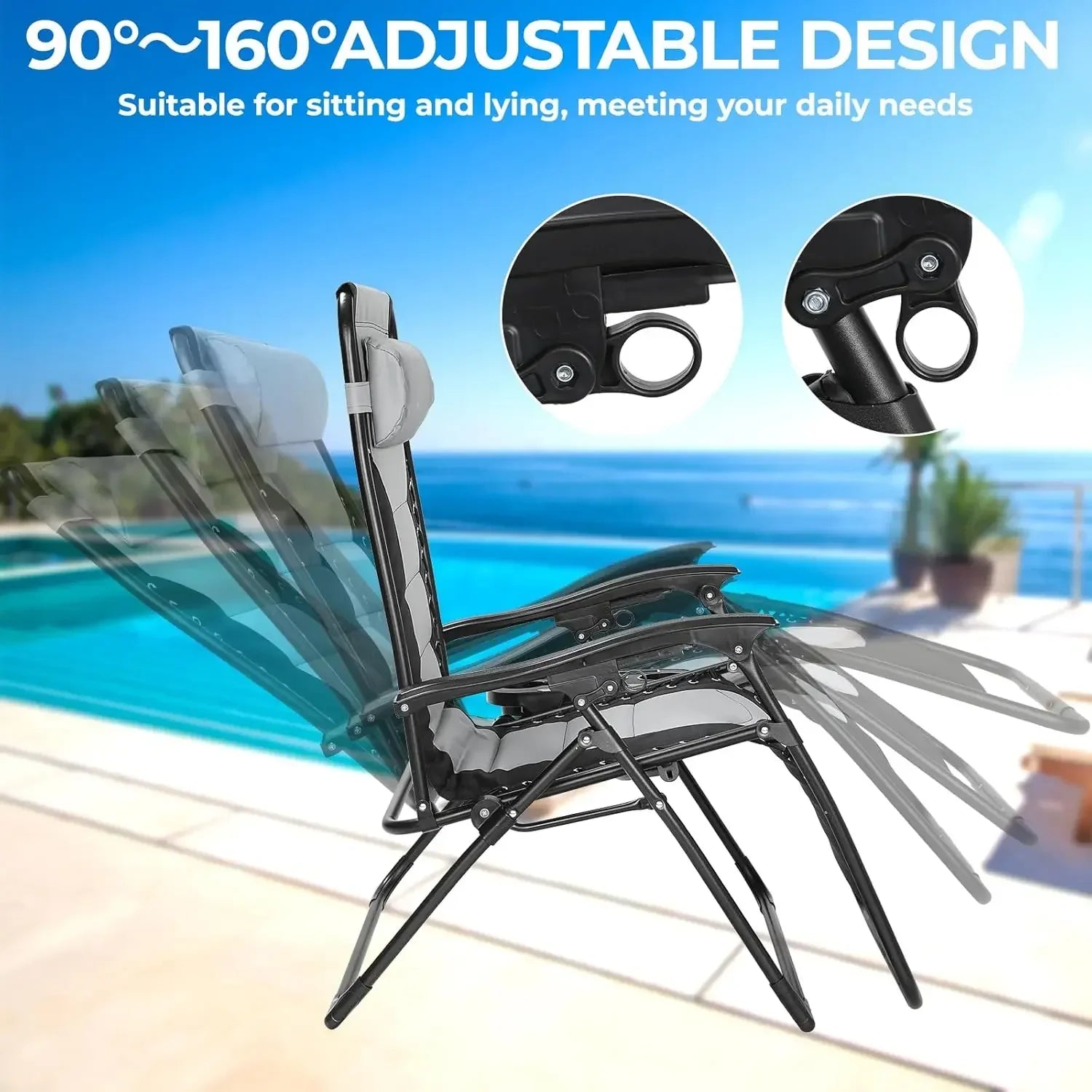 Ligstoel - Tuinstoelen - Strandstoel - Opvouwbare Tuinstoelen met Tafel - Verstelbare Rugleuning 90°-160° - Brede Zitting en Hoofdkussen - Voor Tuin - Strand en Balkon - Zwart Blauw - QUORE