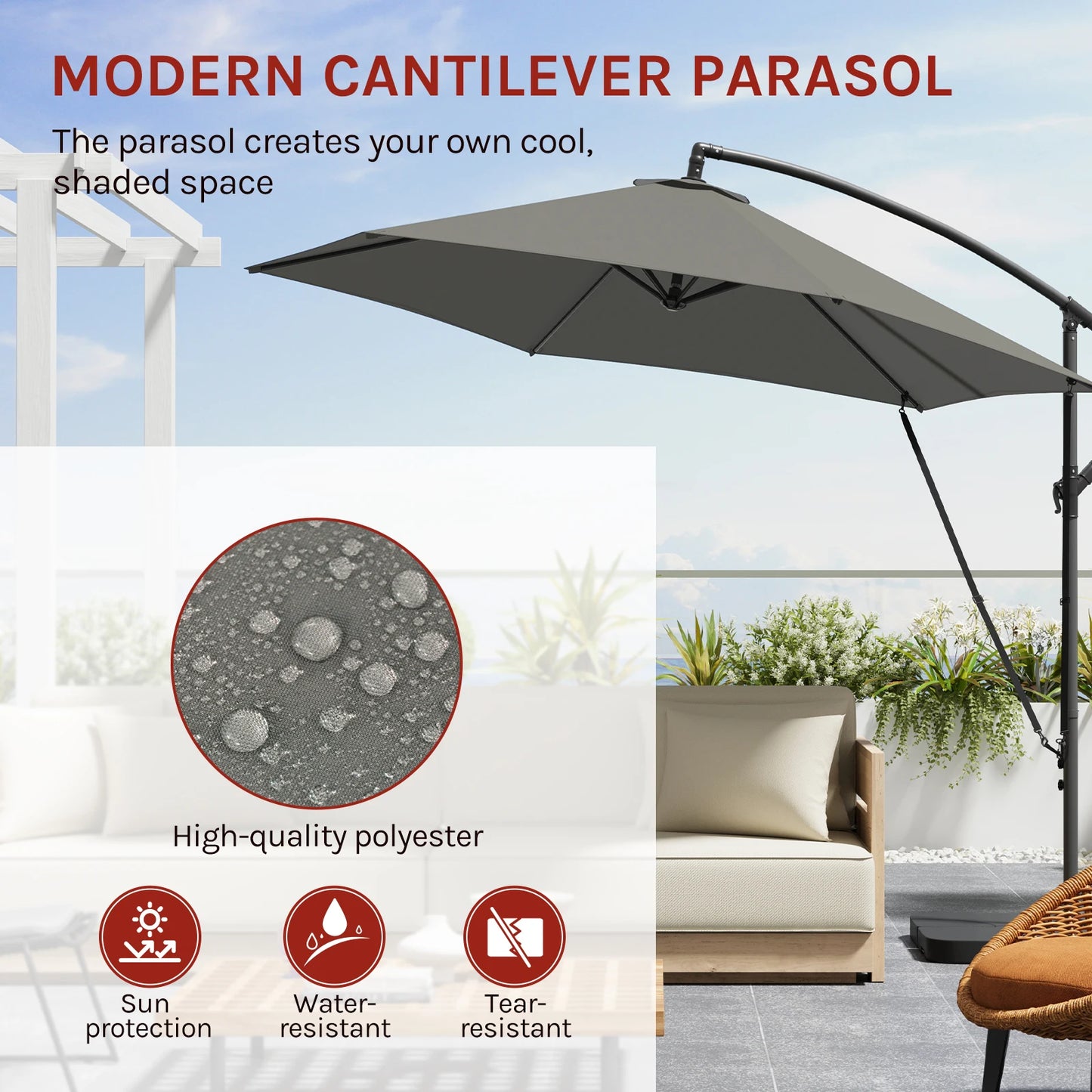 Parasol - Zweefparasols - Tuinparasol - Balkonparasol - Recht Kantelbaar - UV-bestendig - Duurzaam - Waterdicht - voor  Buiten - Tuin - Terrastafel - Rond - Polyester -310 x 310 cm - Donkergrijs