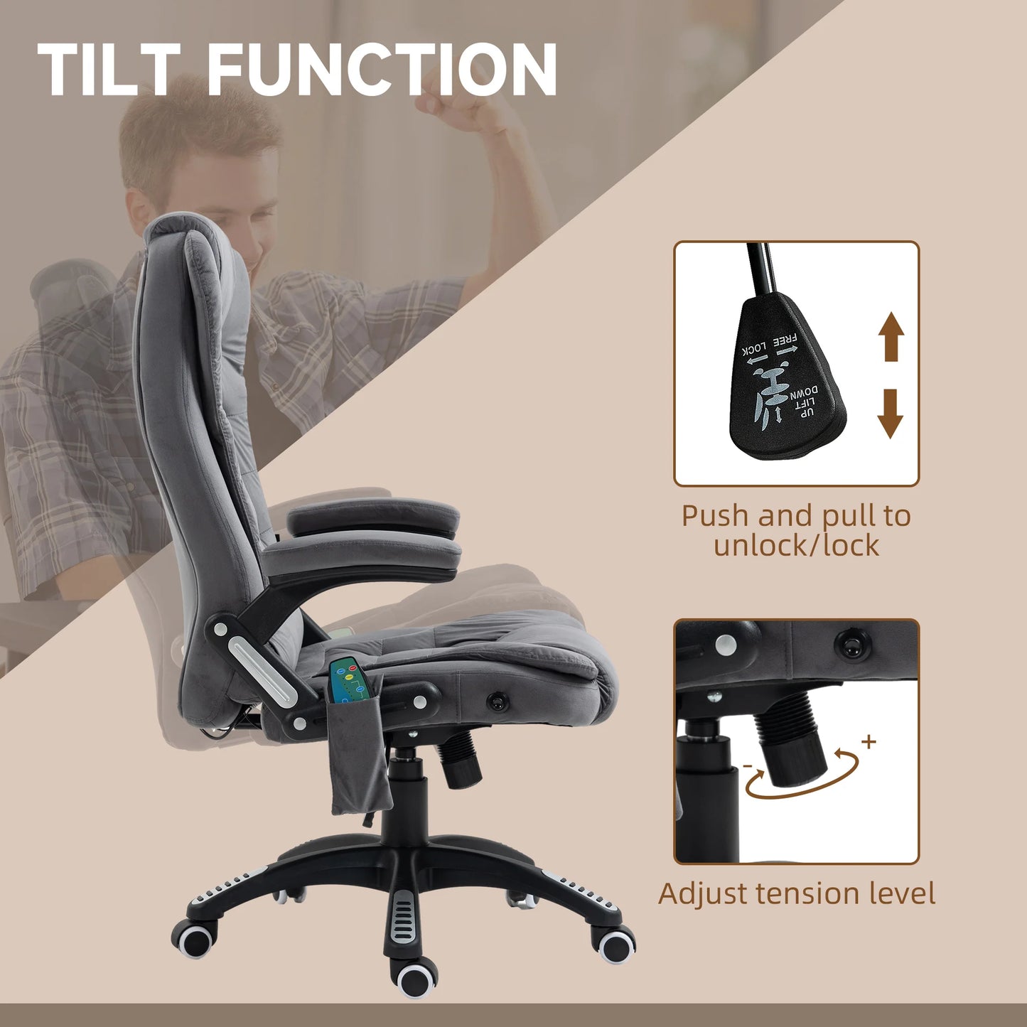 Massage Bureaustoel – Bureaustoel Met Massagefunctie – Gaming Stoel – Office Chair – Ergonomische Bureaustoel – 6 Vibrerende Massagepunten – Verstelbare Rugleuning Tot 130 Graden - Grijs