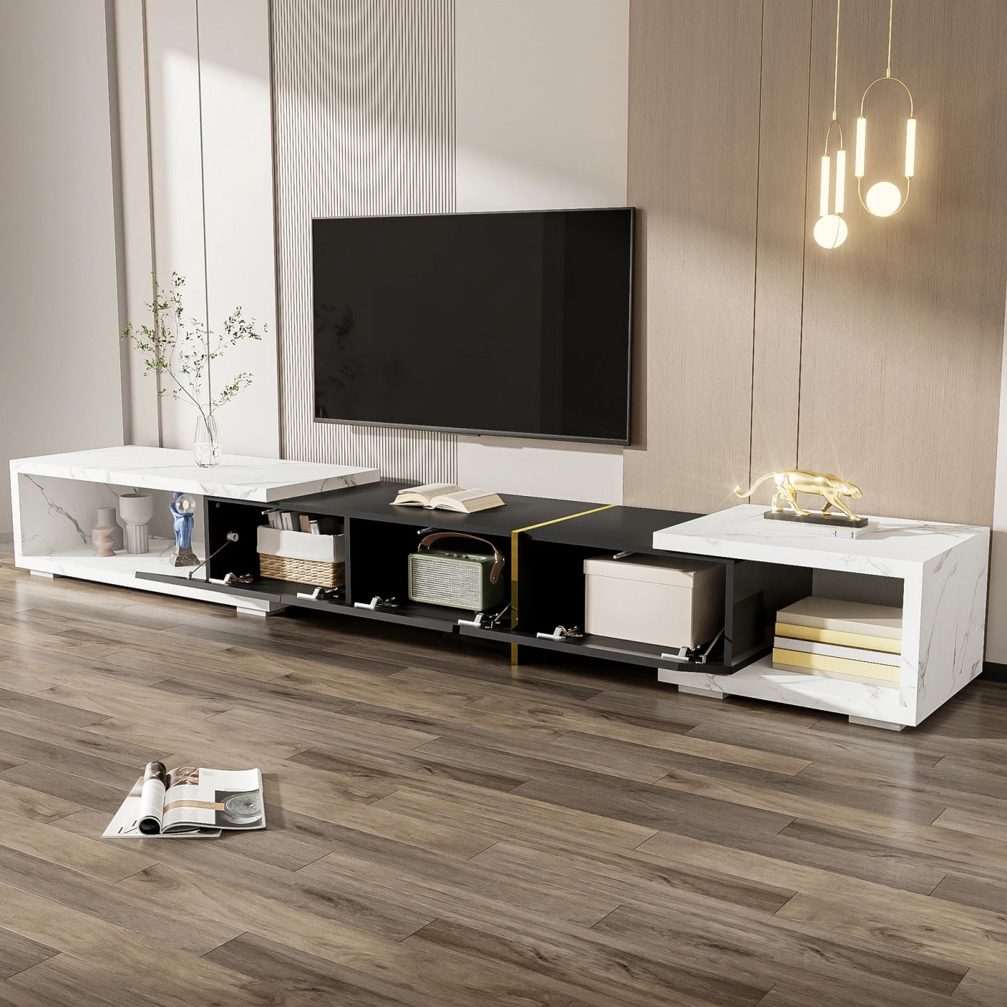 TV-meubel – TV-kast – TV-dressoir – TV-meubel met opbergruimte – TV-meubel wit – Verstelbare lengte 140-260 cm – Draaibaar en flexibel design