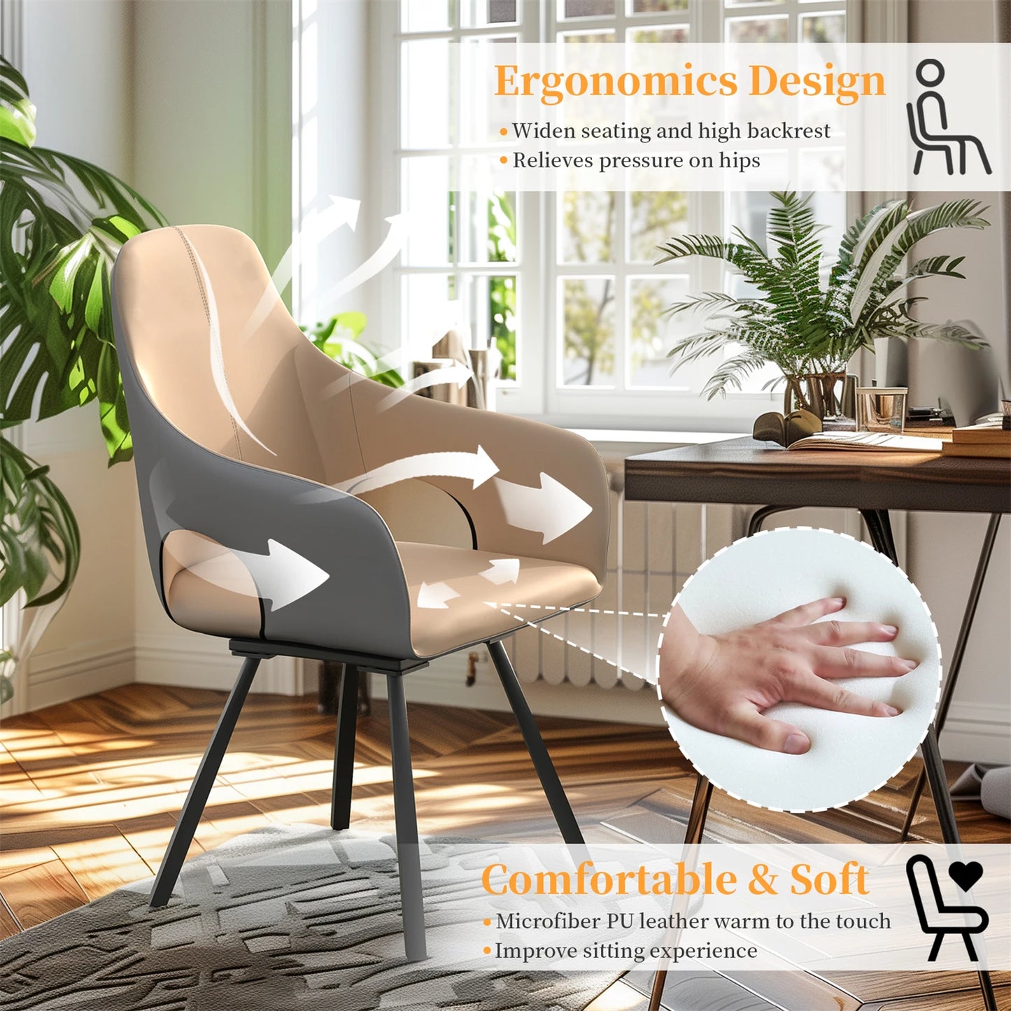 Draaibare Eetkamerstoelen – Eetkamerstoelen – Draaibare Stoelen – Armleun Stoelen – Microvezelleer – 360 Graden Draaibaar – Hoog Zitcomfort - Licht Kaki