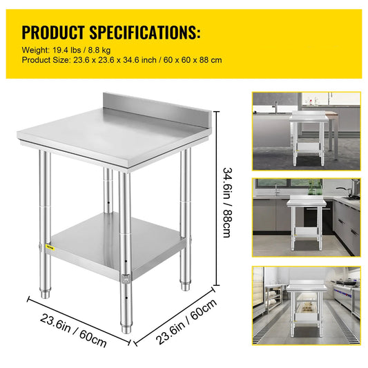 Keukenwerkbank - Keukenwerktafel - Kookeiland - Keukentafel - 24x24x35 inch - 330 LBS - Commerciële Horeca Tafel - Onderblad Roestvrij Staal - voor Restaurant Garage - QUORE