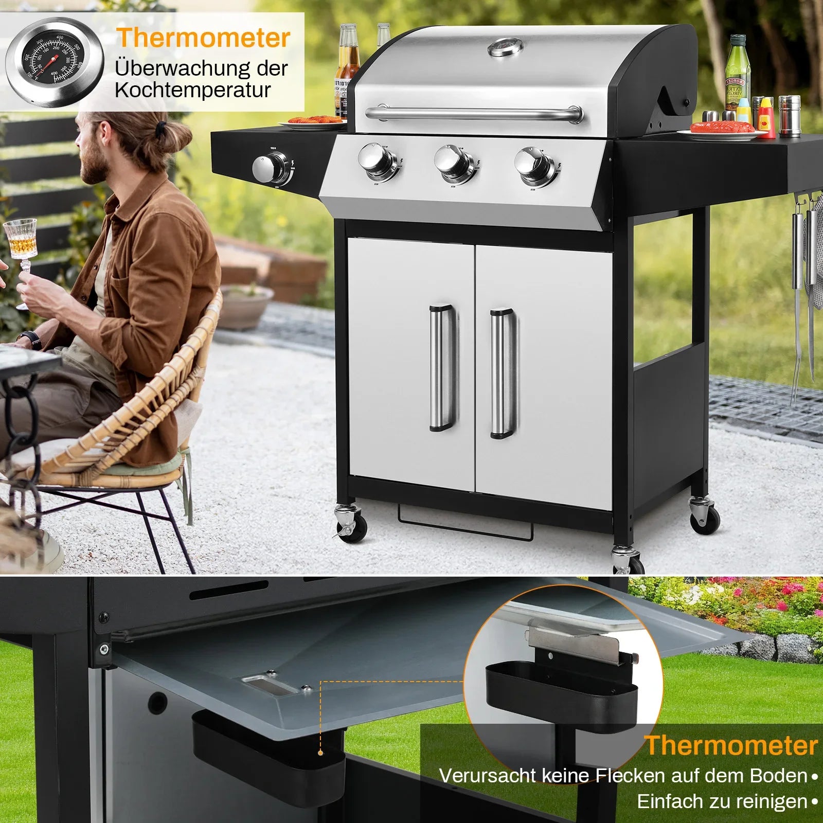 Gasbarbecue – Buitenbarbecue – BBQ Grill – 3 Pits – Zijbrander 10.000 BTU – RVS Branders – Gietijzeren Grillroosters - QUORE
