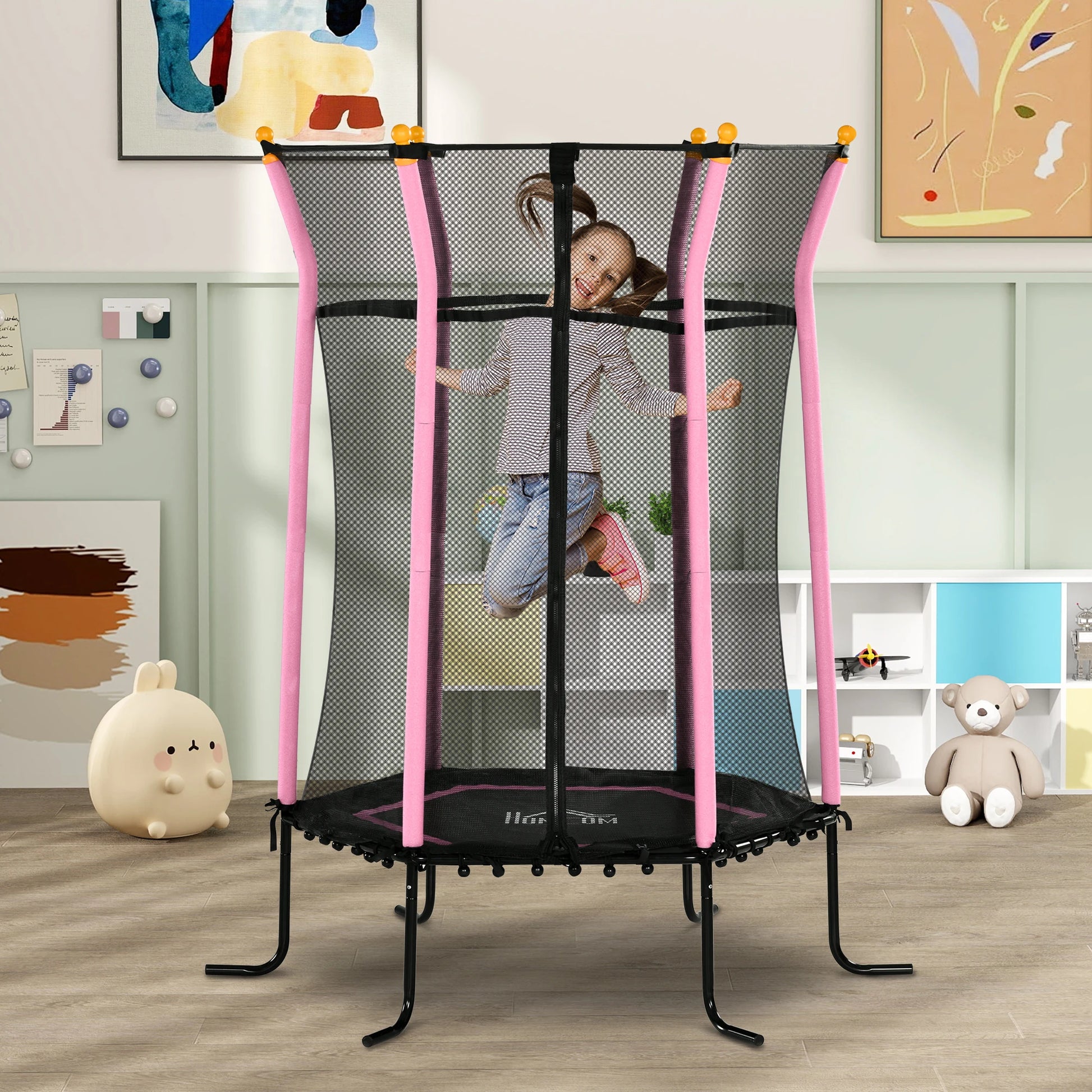 Kindertrek Tuintrampoline Ø 163,5 cm Zwart en Roze - Veiligheidsnet - Springloze Ontwerp - Geschikt voor Kinderen +3 Jaar - QUORE