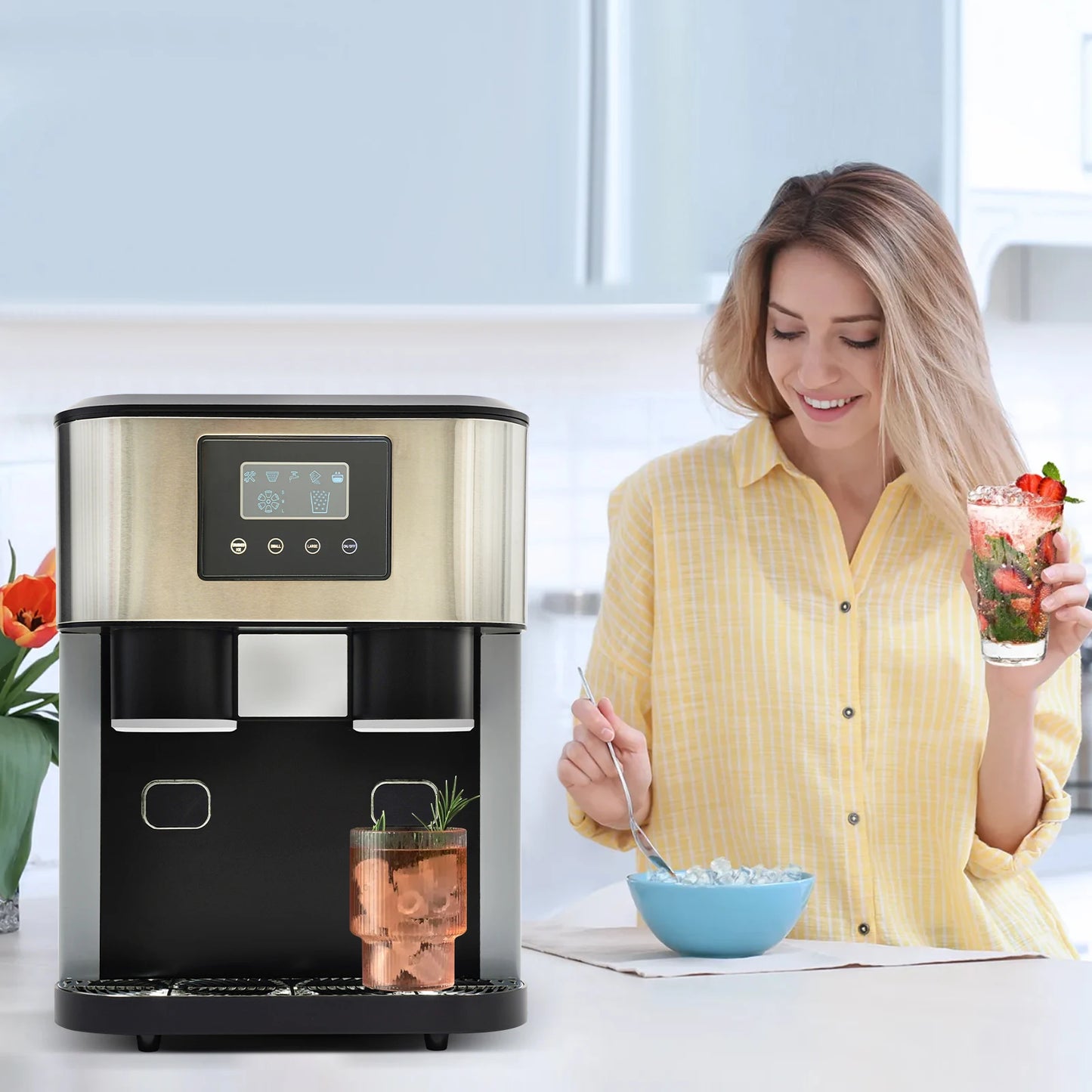 IJsmaakmachine – Crushed Ice Maker – IJsblokjesmachine – Waterkoeler – 1,8 Liter Reservoir – Snelle Productie – LCD Touchscreen