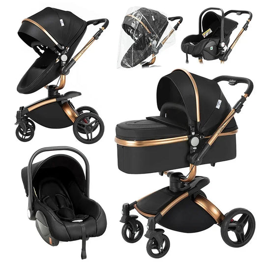 Kinderwagen - 3-in-1 Baby Stroller - Wandelwagen - Buggy - Opvouwbaar & Compact – Multifunctioneel – Inclusief Autostoel - PU Leren Bekleding - Zwart