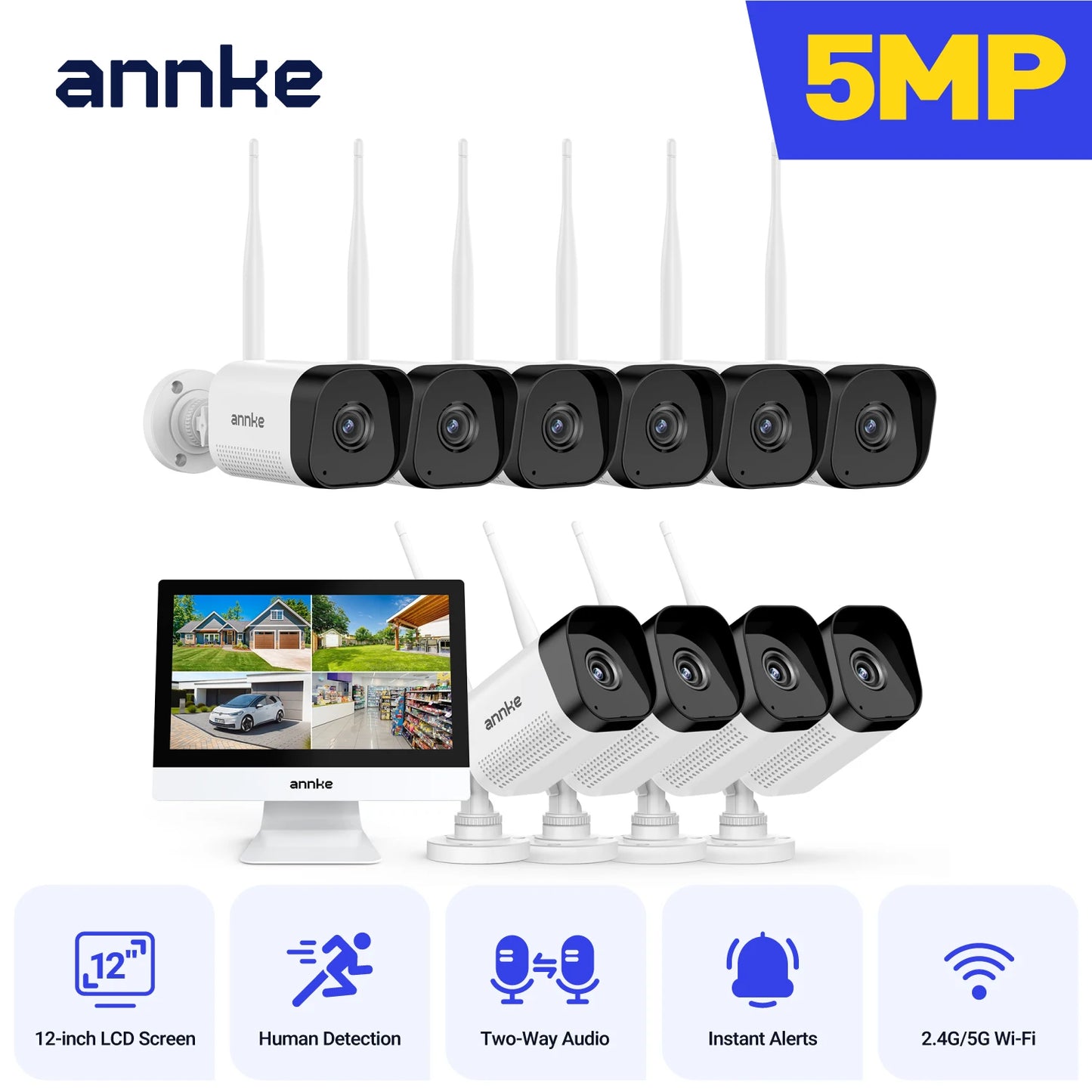 ANNKE 5MP  Wireless Security Cameras Kit Outdoor Waterproof 10CH NVR 12 inch Monitor with IP Camera Surveillance CCTV System Set