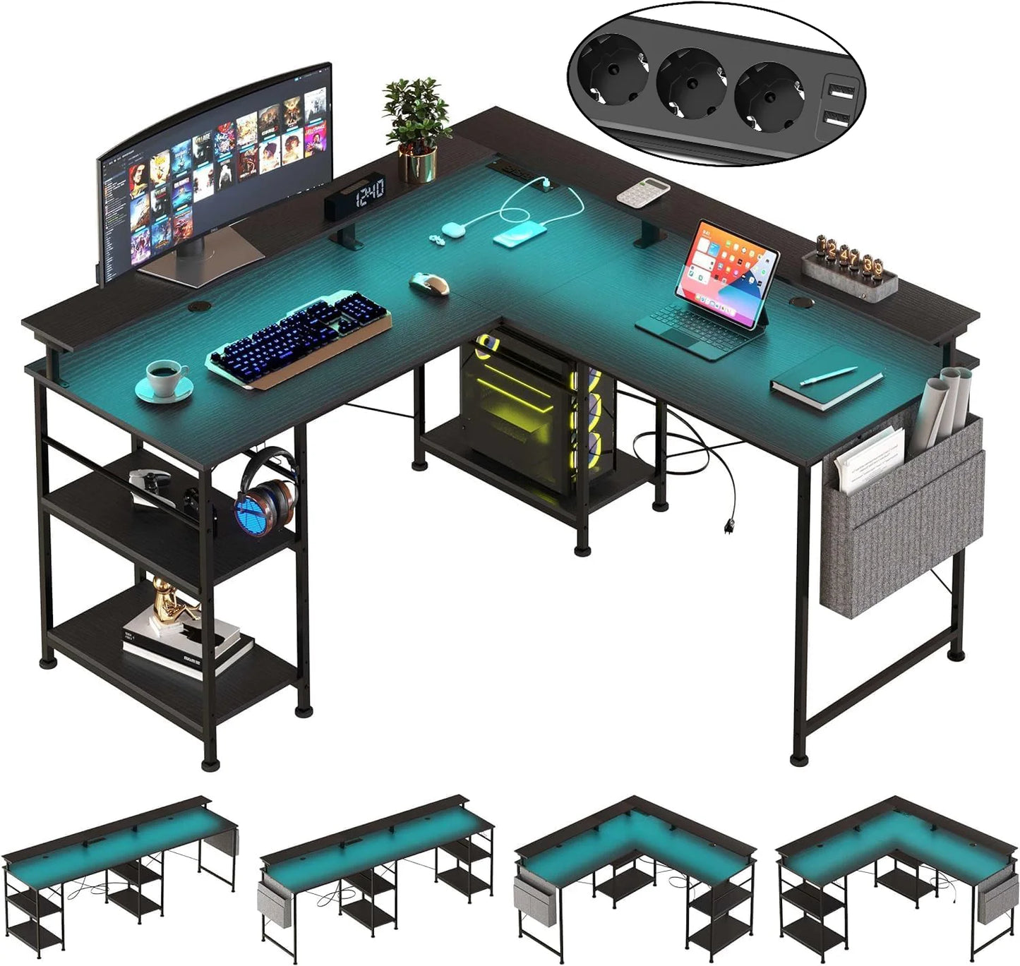 Modern Bureau – L-vormig Bureau – Hoekbureau – Gaming Bureau – Werkbureau – Donkergrijs – 2-in-1 Indeling 140/230 cm – Ergonomische Monitorstandaarden & Geïntegreerde Stroomvoorziening