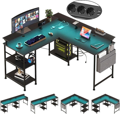 Modern Bureau – L-vormig Bureau – Hoekbureau – Gaming Bureau – Werkbureau – Donkergrijs – 2-in-1 Indeling 140/230 cm – Ergonomische Monitorstandaarden & Geïntegreerde Stroomvoorziening