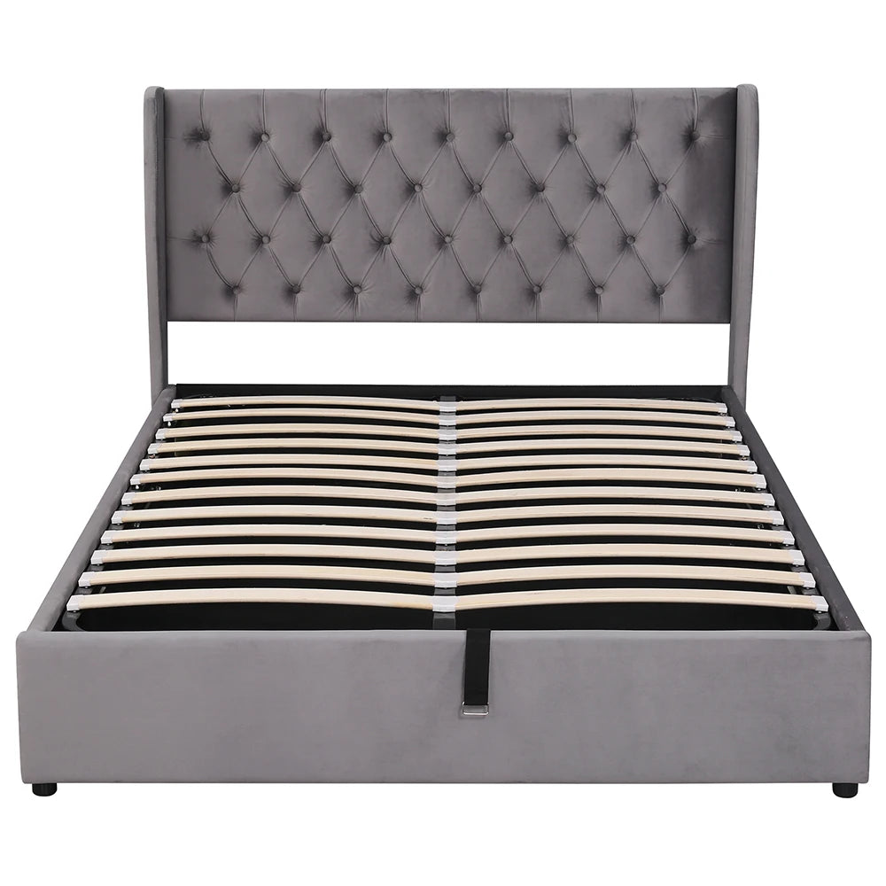 Bed – Tweepersoonsbed – Gestoffeerd Bed – Opbergbed – Velours Bed – Donkergrijs 140x190 cm – Hydraulische Opbergruimte – Lattenbodem