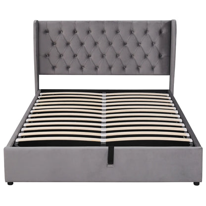 Bed – Tweepersoonsbed – Gestoffeerd Bed – Opbergbed – Velours Bed – Donkergrijs 140x190 cm – Hydraulische Opbergruimte – Lattenbodem