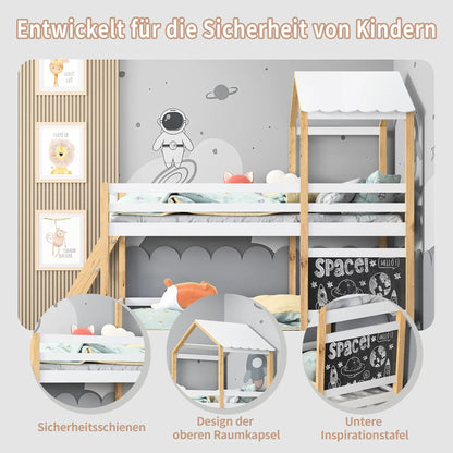 Hoogslaper – Kinderhoogslaper – Huisbed – Speelbed – Bed met veiligheidsrand – MDF en dennenhout – 90x200 cm – Speels ontwerp