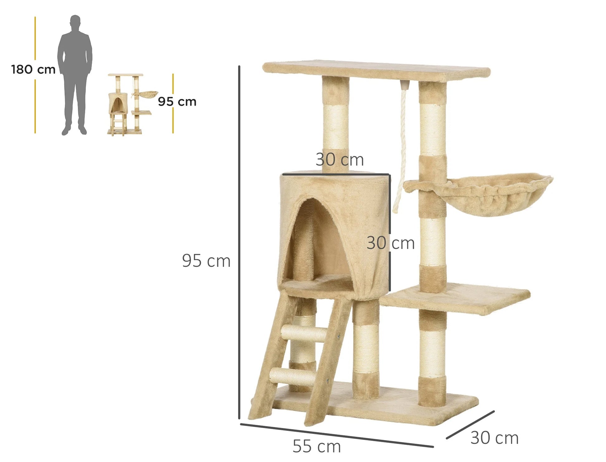 Kattenboom - Krabpaal - met Nest Platform - Kennelladder - Perfect voor  Een Dutje Doen - Sporten - Spelen - Spaanplaat - Zacht pluche - Sisaltouw - 55 x 30 x 95 cm - Bruin - QUORE