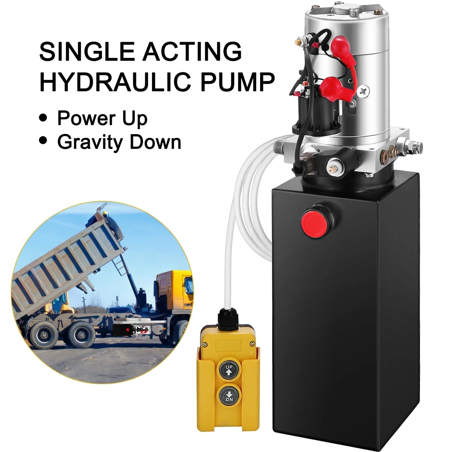 Hydraulische Pomp - Dumptrailerpomp - Hydraulisch Apparaat - 12V DC - 6 Quart Metalen Reservoir - Enkelwerkende Power Unit - Voor Autohefbrug, Kraanwagen, Aanhanger– Inclusief Afstandsbediening - Zwart