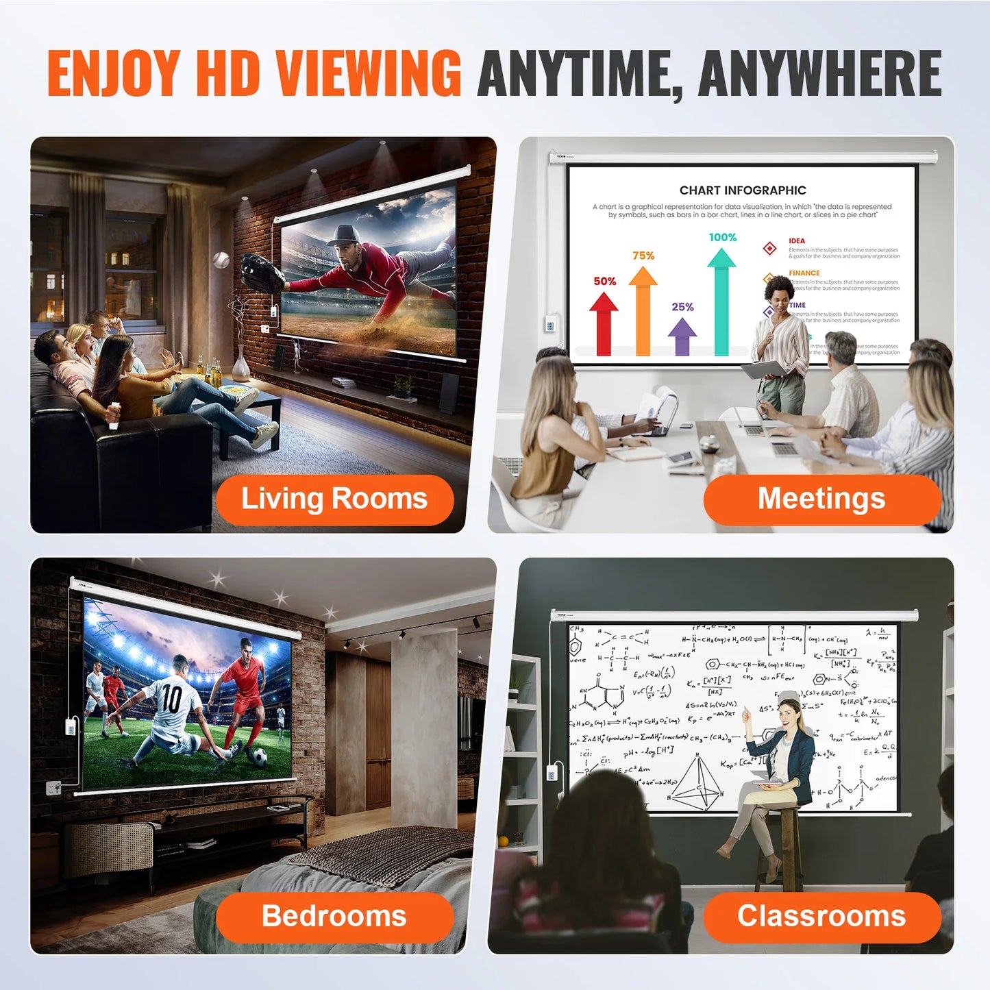 VEVOR Electric Motorized Projector Screen 100/120 inch 16:9 4K 1080 HD Wall Mount Movie Screen for Family Home Office Theater