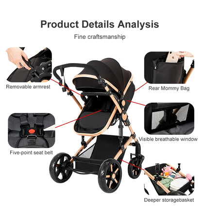 Compact Stroller 3 IN 1, Carseat Stroller Combos, Baby Stroller Multifunctional High Landscape Baby Pram for Toddlers Infant Car