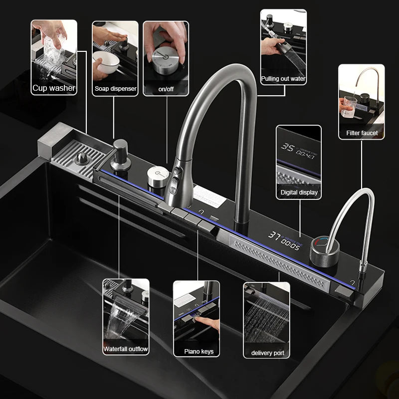 Waterfall Spoelbak – Keukenspoelbak – Enkele spoelbak – Rekspoelbak – Spoelbak RVS – Goudkleur – Roestvrij Staal 304 – Digitale Watercontrole Display