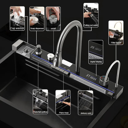 Waterfall Spoelbak – Keukenspoelbak – Enkele spoelbak – Rekspoelbak – Spoelbak RVS – Goudkleur – Roestvrij Staal 304 – Digitale Watercontrole Display