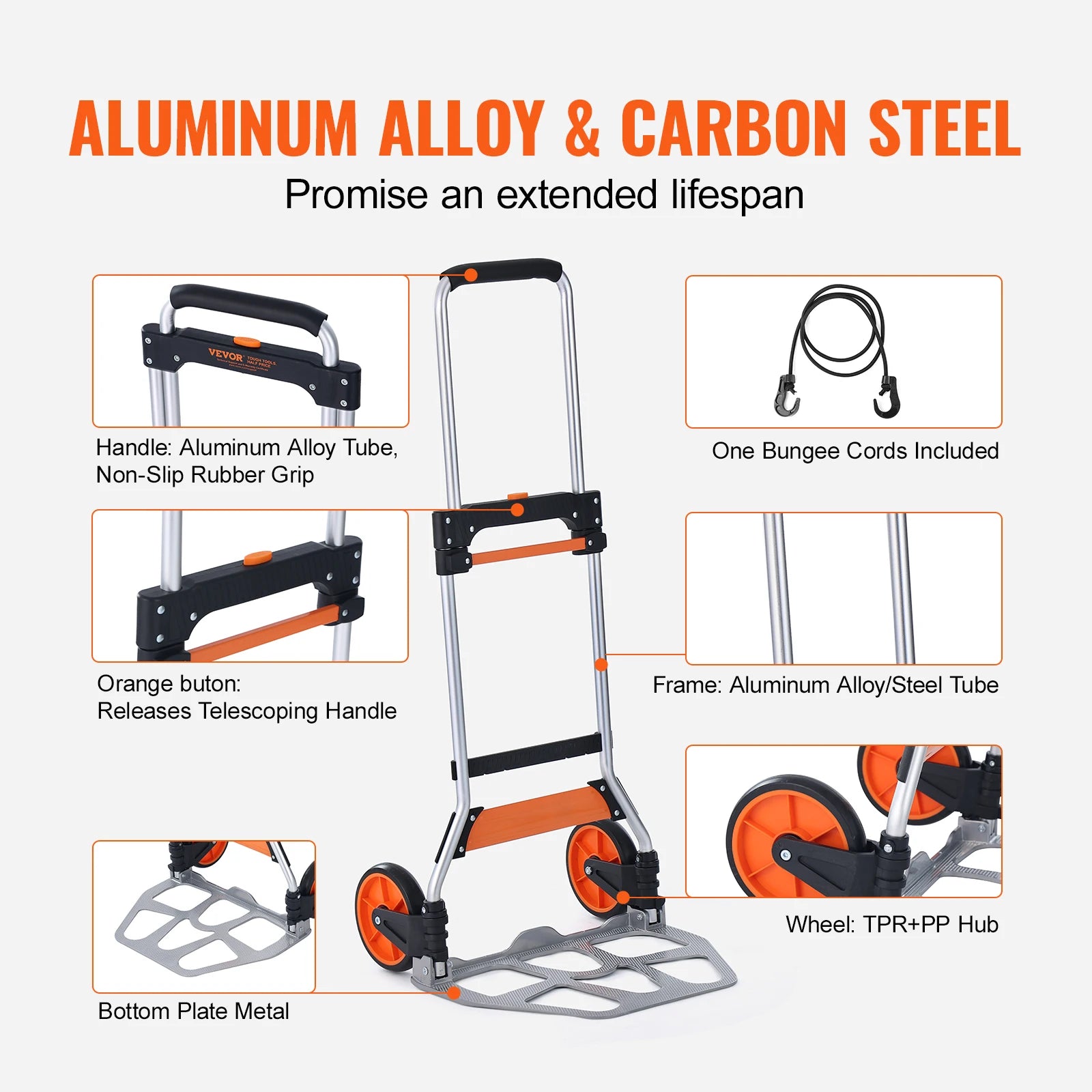 Opvouwbare Steekwagen – Transportkar met een Draagvermogen van 140 kg, Gemaakt van Aluminiumlegering en Kunststof – Stapelbare Trolley met Verstelbare Handgreep (900–1109 mm) – Inklapbare Trolley met Trekkoord – Compact Formaat voor Gemakkelijke Opslag - QUORE