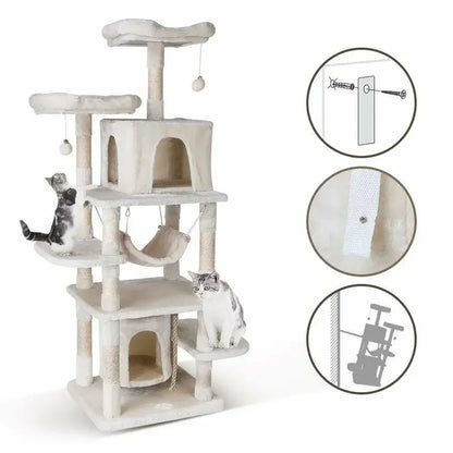 Kattenkrabpaal - 170 cm – Luxe Multi-Level Klimboom - met Krabpaal - voor Katten - Hangmat en Schuilhuisjes - Beige