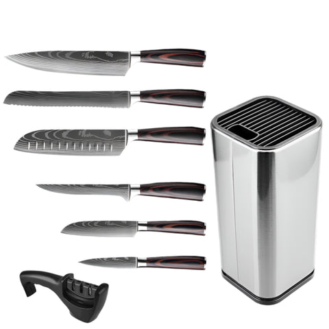 Keukenmessen - Knife set - Chef Knife - Knives - Kitchen Knife - Koksmes voor keuken - Damascus Santoku Messenset - Japans Scherp Hakmes Snijmes - 8-delige houderset