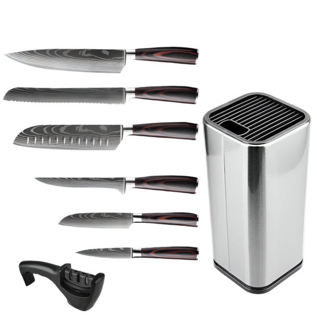 Keukenmessen - Knife set - Chef Knife - Knives - Kitchen Knife - Koksmes voor keuken - Damascus Santoku Messenset - Japans Scherp Hakmes Snijmes - 8-delige houderset