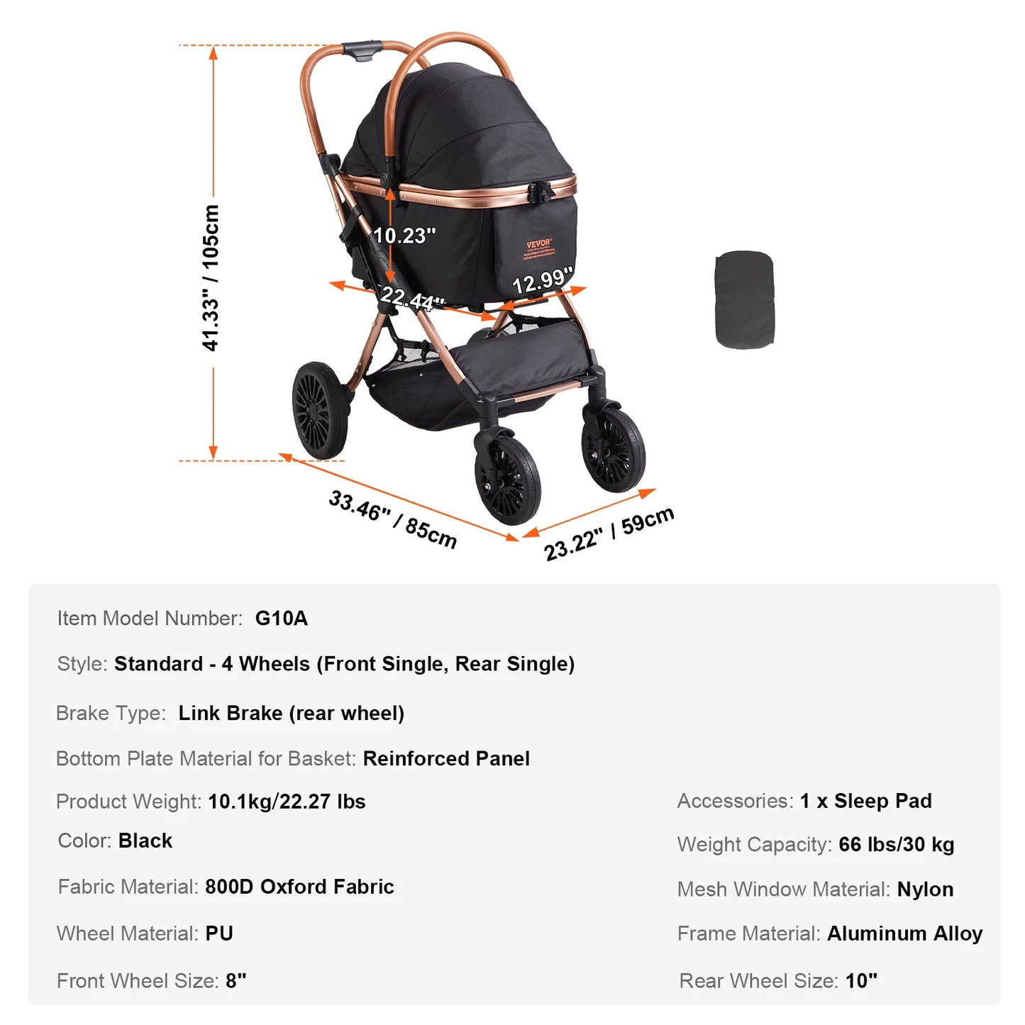 Hondenbuggy - Lichtgewicht - Huisdier Buggy - Hond en Kat Dierenwagen - Opvouwbare - met Rem - Verstelbaar Handvat - en Opslagmand - Duurzaam en Ademend - Zwart