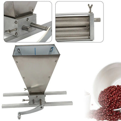 Grinder - Manual Malt Mill - Machine Household Herbs - Stainless Steel - Barley Grain Mill - Multifunctional with 2 Stainless Steel Rollers - Silver